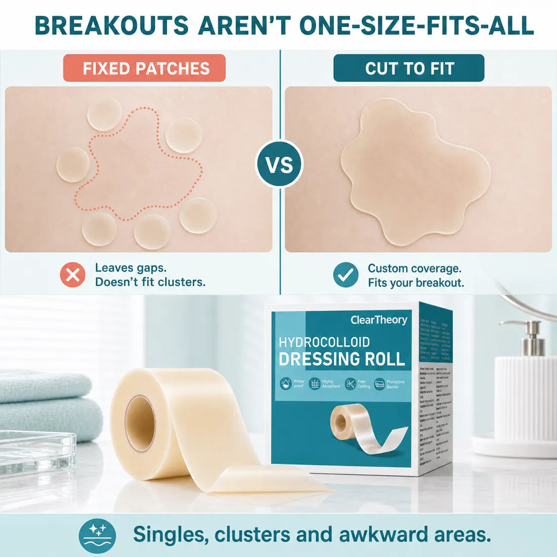 Fixed acne patches compared with custom-cut ClearTheory coverage